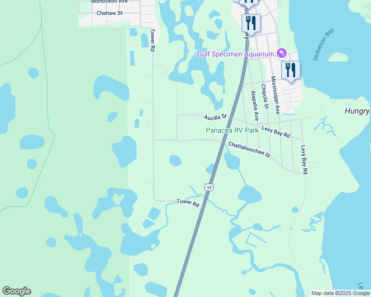 map of restaurants, bars, coffee shops, grocery stores, and more near 59 Chattahoochee Street in Wakulla