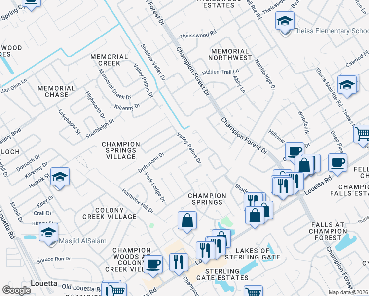 map of restaurants, bars, coffee shops, grocery stores, and more near 8806 Tweedbrook Drive in Spring