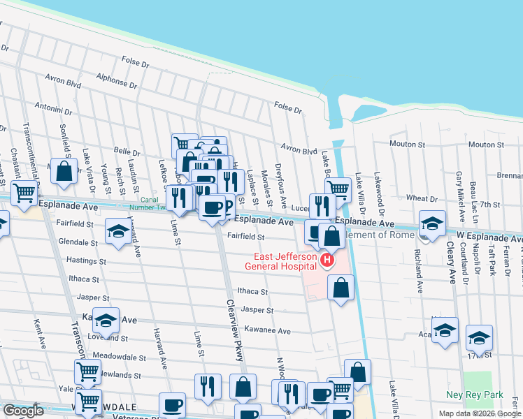 map of restaurants, bars, coffee shops, grocery stores, and more near 4401 Morales Street in Metairie