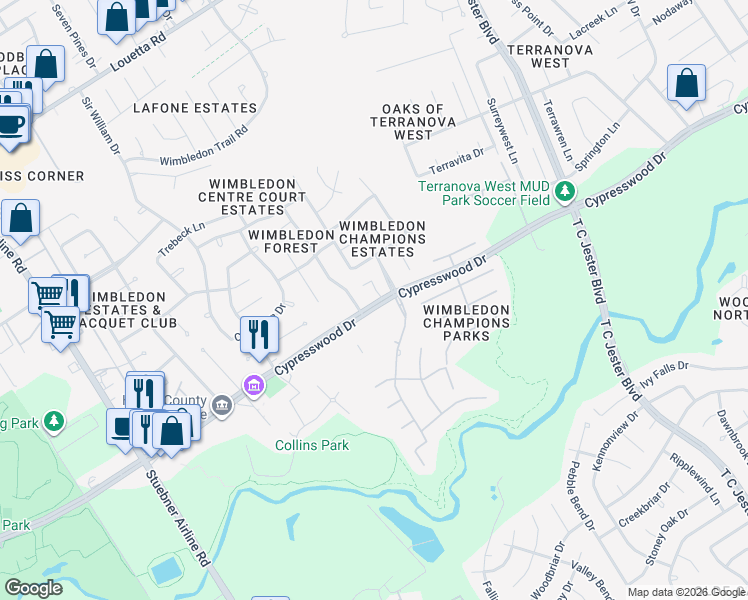 map of restaurants, bars, coffee shops, grocery stores, and more near 6334 Cypresswood Drive in Spring