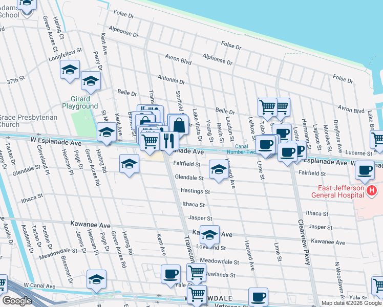 map of restaurants, bars, coffee shops, grocery stores, and more near 4912 West Esplanade Avenue in Metairie