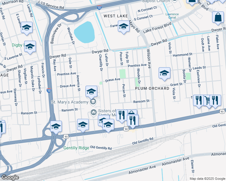 map of restaurants, bars, coffee shops, grocery stores, and more near 7103 Selma Street in New Orleans