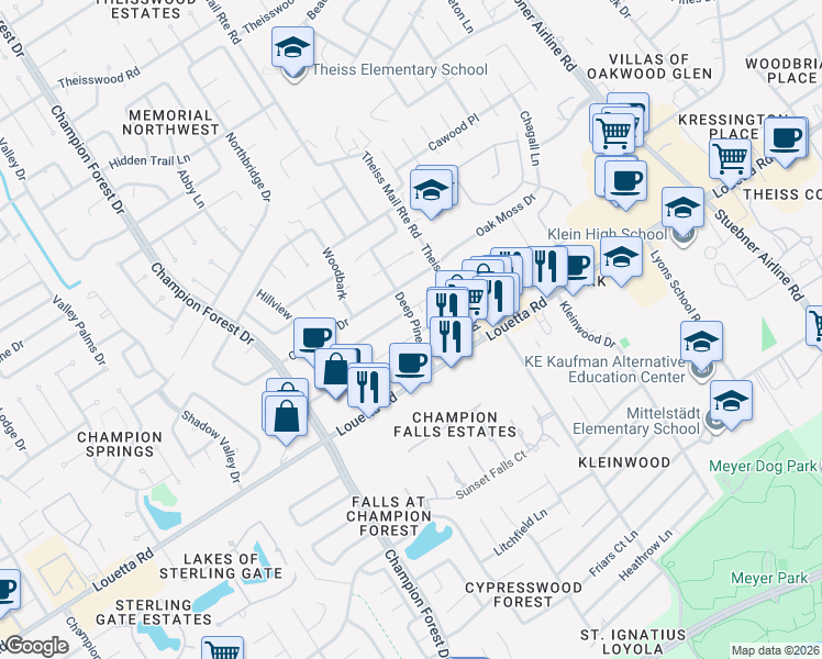 map of restaurants, bars, coffee shops, grocery stores, and more near 8002 Lichen Lane in Spring