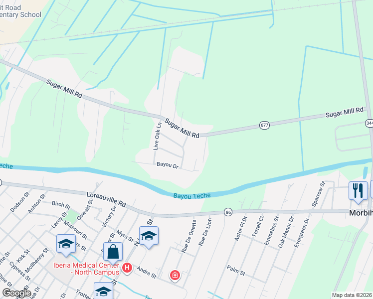 map of restaurants, bars, coffee shops, grocery stores, and more near 2916 Sugar Mill Road in New Iberia