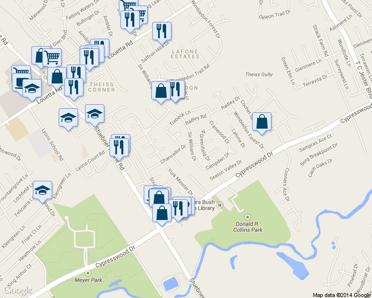 map of restaurants, bars, coffee shops, grocery stores, and more near 6707 Chancellor Drive in Spring