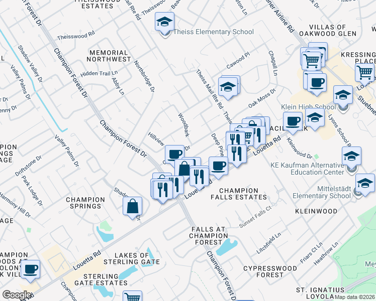 map of restaurants, bars, coffee shops, grocery stores, and more near 8107 Oak Moss Drive in Spring