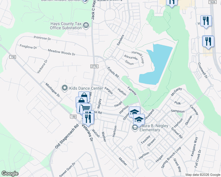 map of restaurants, bars, coffee shops, grocery stores, and more near 5801 Fergus in Kyle