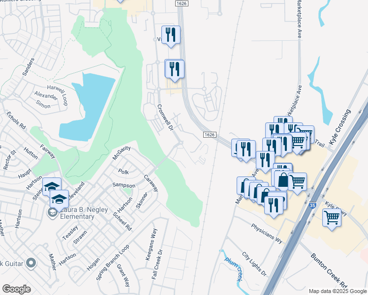 map of restaurants, bars, coffee shops, grocery stores, and more near 5002 Cromwell Drive in Kyle