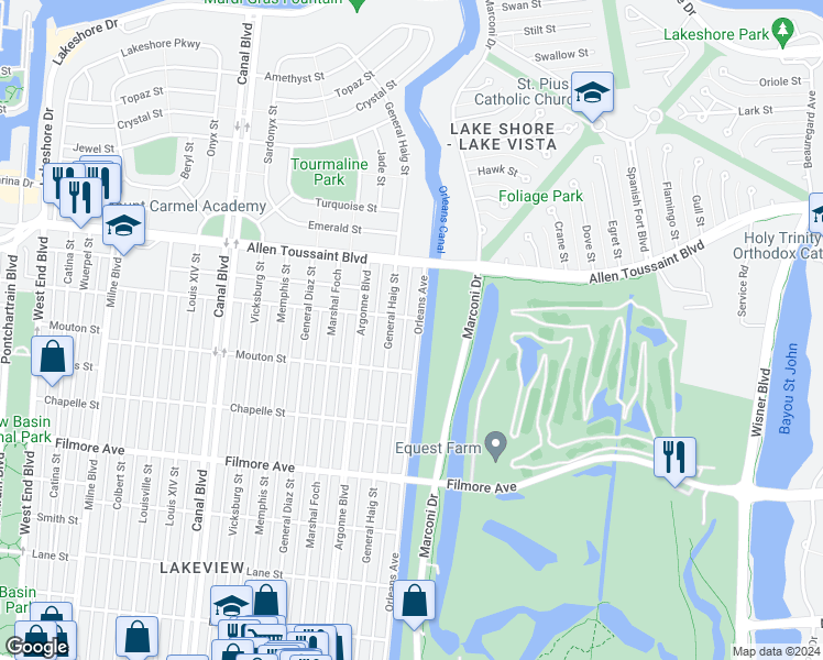 map of restaurants, bars, coffee shops, grocery stores, and more near 6968 Orleans Avenue in New Orleans