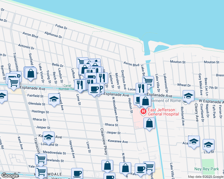 map of restaurants, bars, coffee shops, grocery stores, and more near 4401 Herrmann Street in Metairie