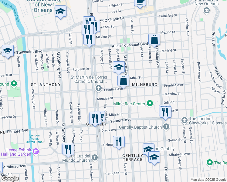 map of restaurants, bars, coffee shops, grocery stores, and more near 2304 Prentiss Avenue in New Orleans