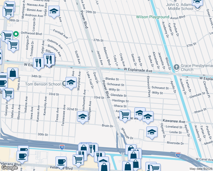 map of restaurants, bars, coffee shops, grocery stores, and more near 7212 Schouest Street in Metairie