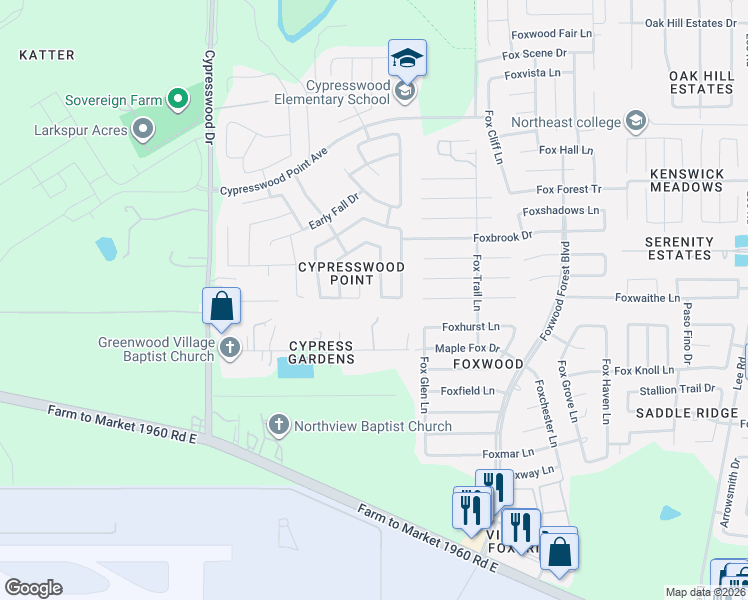 map of restaurants, bars, coffee shops, grocery stores, and more near 6622 Twain Mark Lane in Humble