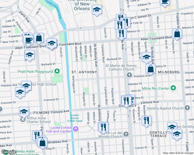 map of restaurants, bars, coffee shops, grocery stores, and more near 1999 Prentiss Avenue in New Orleans