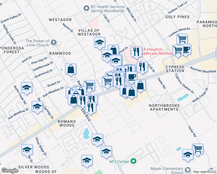 map of restaurants, bars, coffee shops, grocery stores, and more near in Houston
