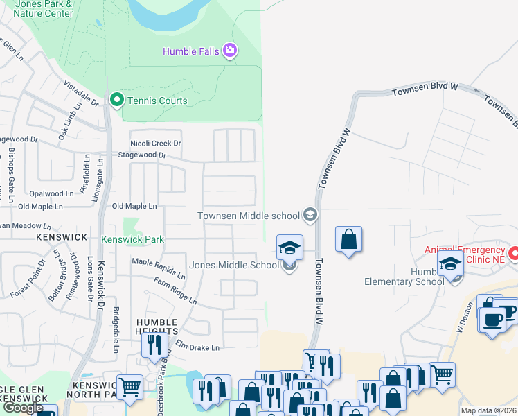 map of restaurants, bars, coffee shops, grocery stores, and more near 20402 Lookout Bend Drive in Humble