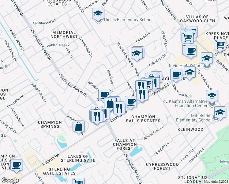 map of restaurants, bars, coffee shops, grocery stores, and more near 8107 Oak Moss Drive in Spring