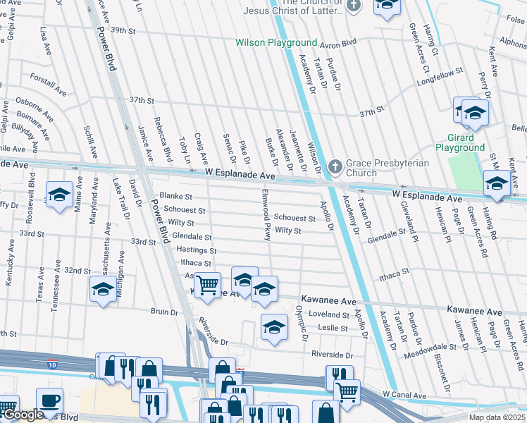 map of restaurants, bars, coffee shops, grocery stores, and more near 6601 Schouest Street in Metairie