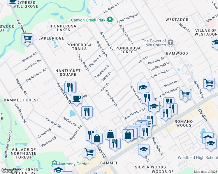 map of restaurants, bars, coffee shops, grocery stores, and more near 17410 Rustic Pine Trail in Houston