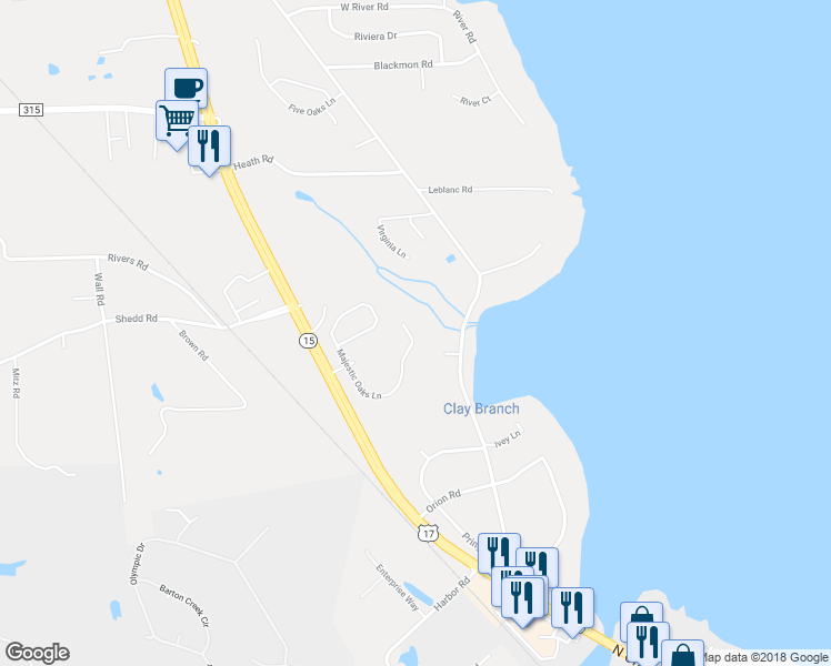 map of restaurants, bars, coffee shops, grocery stores, and more near 3112 Majestic Oaks Lane in Green Cove Springs