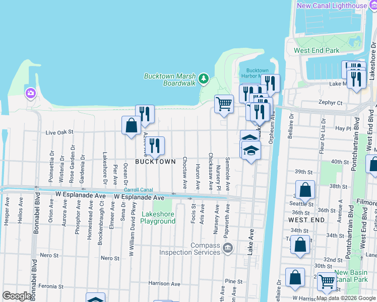 map of restaurants, bars, coffee shops, grocery stores, and more near 613 Poplar Street in Metairie