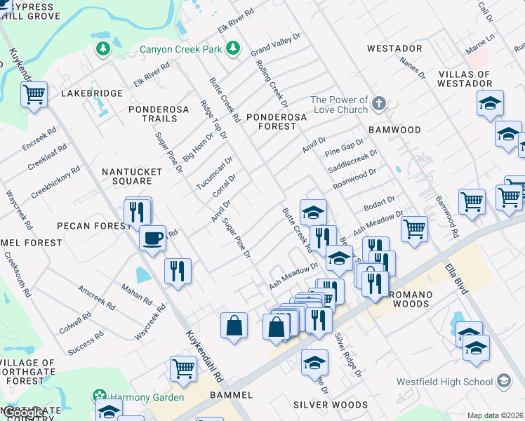 map of restaurants, bars, coffee shops, grocery stores, and more near 1818 Saddlecreek Drive in Houston