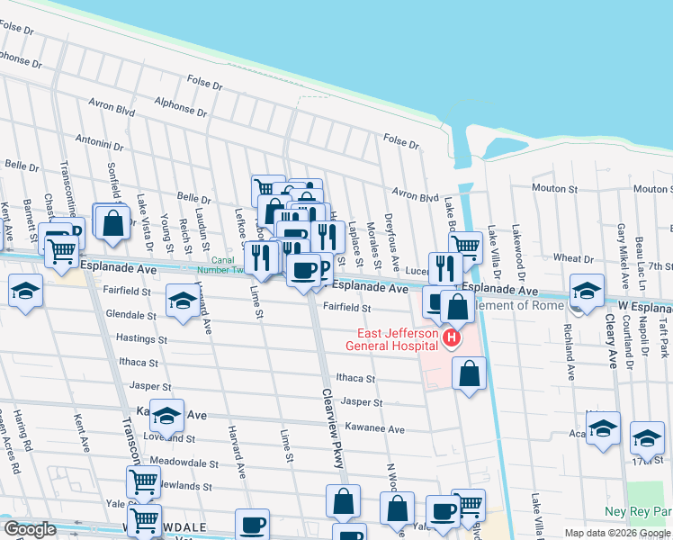 map of restaurants, bars, coffee shops, grocery stores, and more near 4400 Herrmann Street in Metairie
