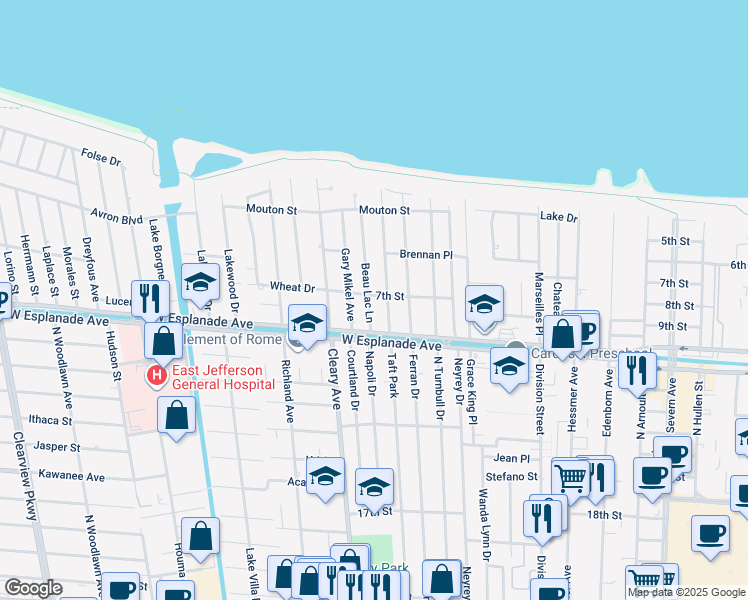 map of restaurants, bars, coffee shops, grocery stores, and more near 4517 Gary Mikel Avenue in Metairie