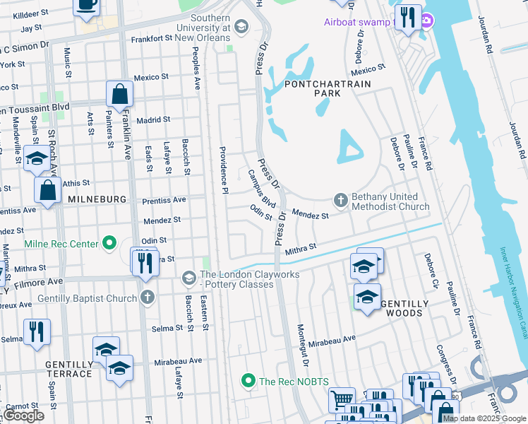map of restaurants, bars, coffee shops, grocery stores, and more near 4101 Odin Street in New Orleans