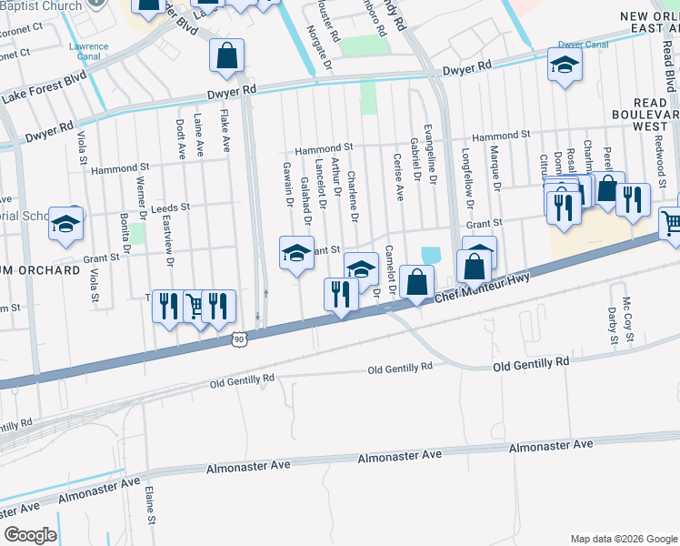 map of restaurants, bars, coffee shops, grocery stores, and more near 4510 Lancelot Drive in New Orleans