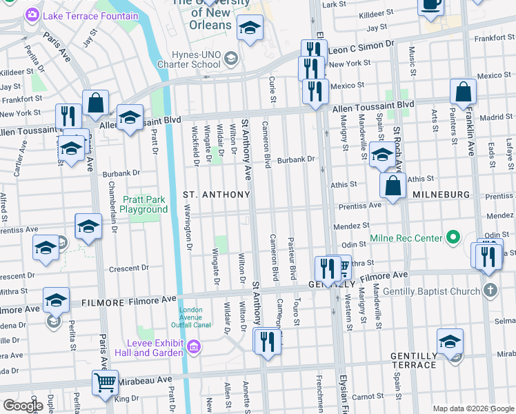 map of restaurants, bars, coffee shops, grocery stores, and more near 5702 Cameron Boulevard in New Orleans