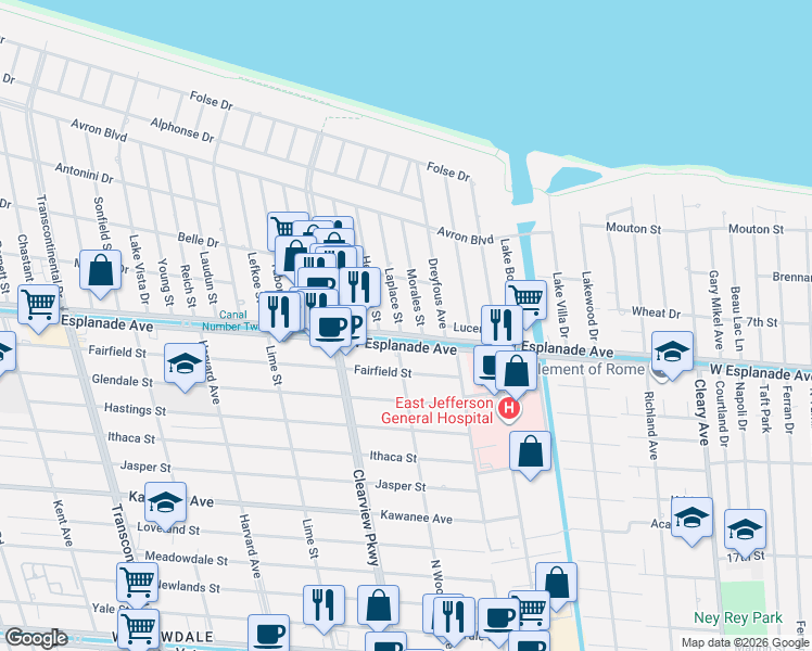 map of restaurants, bars, coffee shops, grocery stores, and more near 4401 Morales Street in Metairie