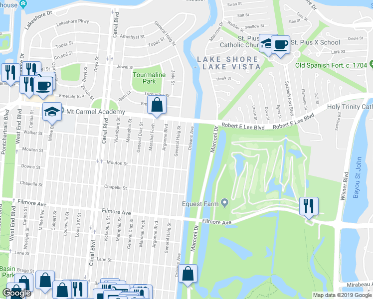 map of restaurants, bars, coffee shops, grocery stores, and more near 6968 Orleans Avenue in New Orleans