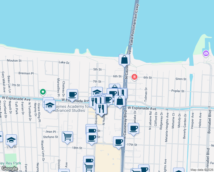 map of restaurants, bars, coffee shops, grocery stores, and more near 3719 North Hullen Street in Metairie