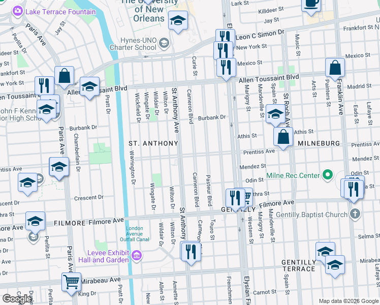 map of restaurants, bars, coffee shops, grocery stores, and more near 5702 Cameron Boulevard in New Orleans