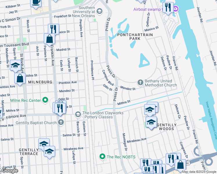 map of restaurants, bars, coffee shops, grocery stores, and more near 4101 Odin Street in New Orleans