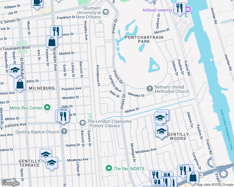 map of restaurants, bars, coffee shops, grocery stores, and more near 4101 Odin Street in New Orleans
