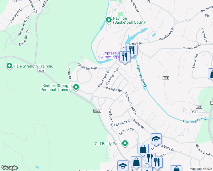 map of restaurants, bars, coffee shops, grocery stores, and more near 29 El Conejo Trail in Wimberley