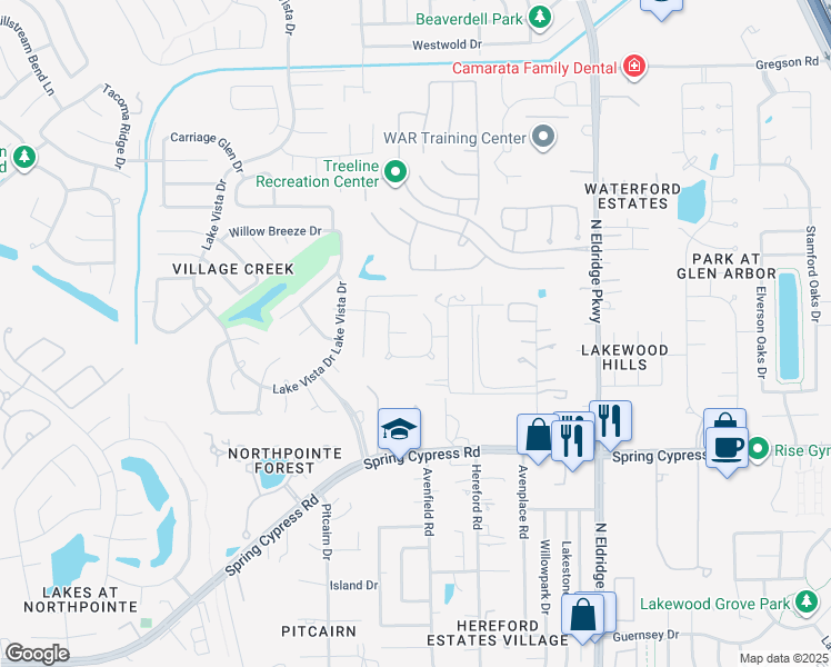 map of restaurants, bars, coffee shops, grocery stores, and more near 17311 Lyric Way Drive in Tomball