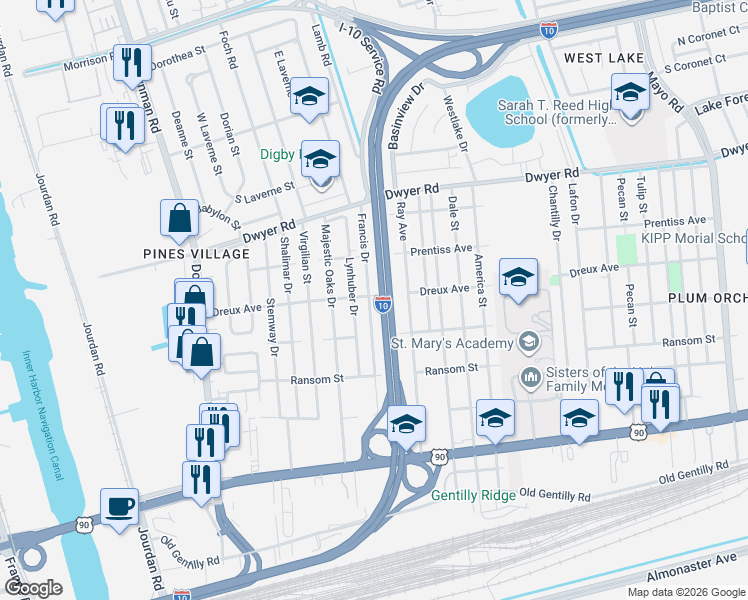 map of restaurants, bars, coffee shops, grocery stores, and more near 4645 Francis Drive in New Orleans