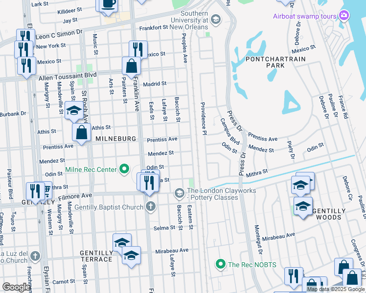map of restaurants, bars, coffee shops, grocery stores, and more near 5613 Baccich Street in New Orleans