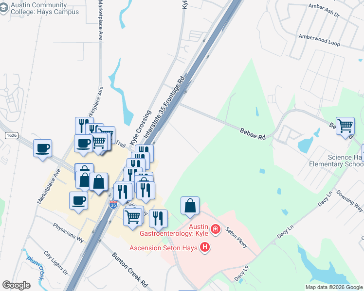 map of restaurants, bars, coffee shops, grocery stores, and more near 20301 Interstate 35 in Kyle