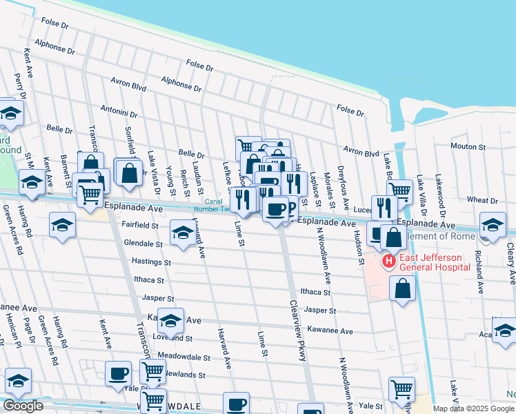 map of restaurants, bars, coffee shops, grocery stores, and more near 4400 Shores Drive in Metairie