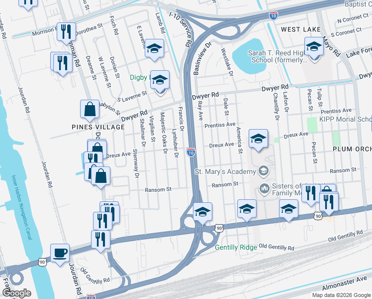 map of restaurants, bars, coffee shops, grocery stores, and more near 4645 Francis Drive in New Orleans