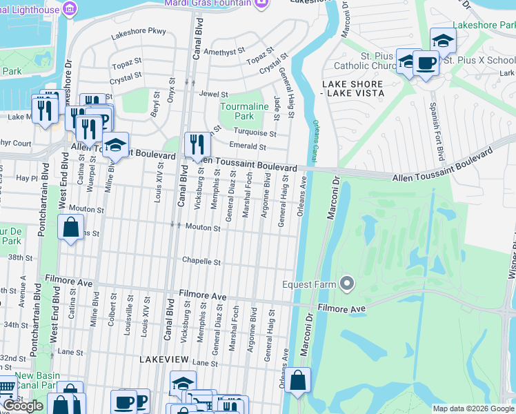 map of restaurants, bars, coffee shops, grocery stores, and more near 6945 Marshal Foch in New Orleans