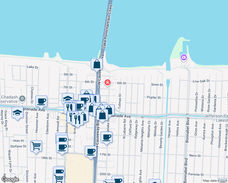 map of restaurants, bars, coffee shops, grocery stores, and more near 3721 Ridgelake Drive in Metairie