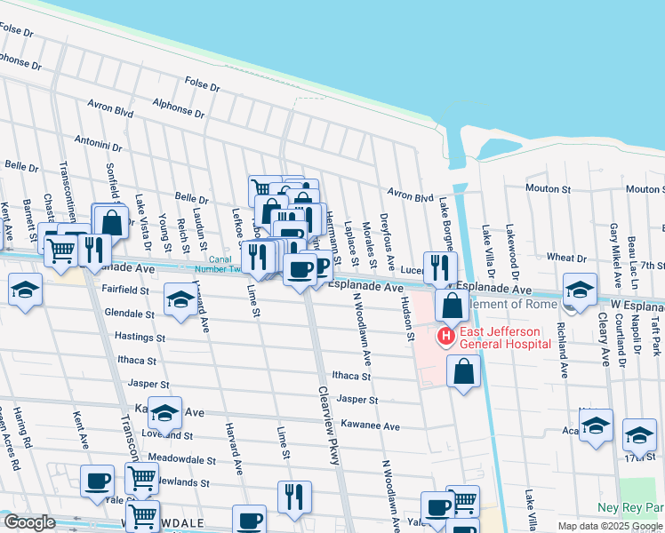 map of restaurants, bars, coffee shops, grocery stores, and more near 4401 Herrmann Street in Metairie