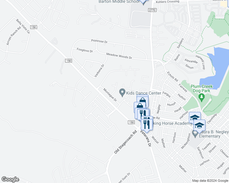 map of restaurants, bars, coffee shops, grocery stores, and more near 303 Morning Dove Ct in Kyle