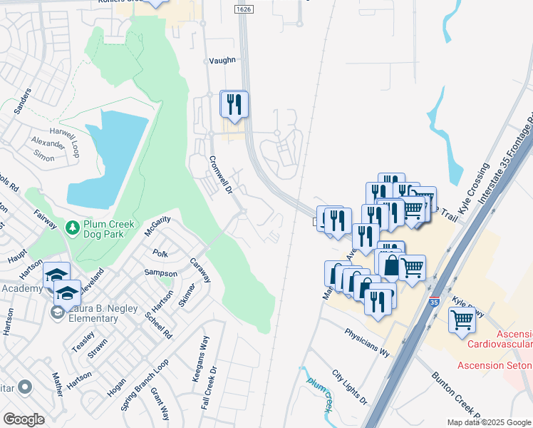 map of restaurants, bars, coffee shops, grocery stores, and more near 5141 Cromwell Drive in Kyle