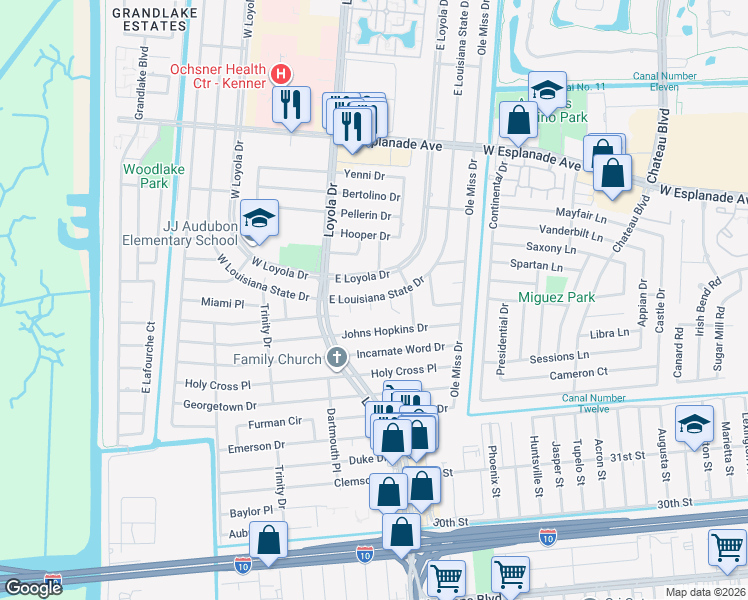 map of restaurants, bars, coffee shops, grocery stores, and more near 4 Bradley Place in Kenner
